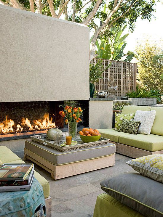 modern gas fireplace in patio