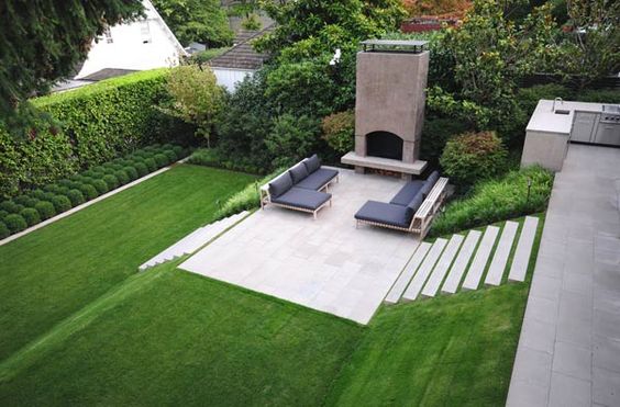 green yard with fireplace and seating area