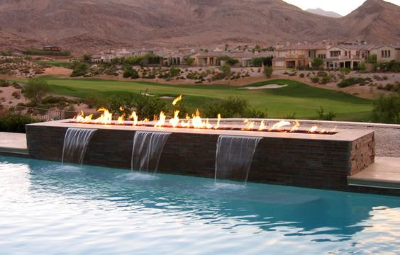 waterfall, fire, view, pool